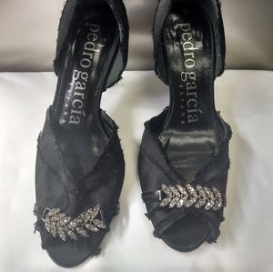 Pedro Garcia Black High Heels Shoes Satin Open Toe